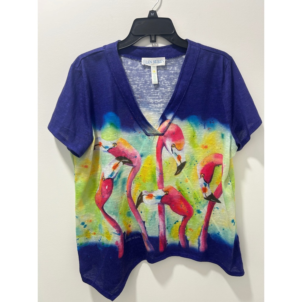 Ellen Negley Art & Sol Flamingo Watercolor Top Purple Petite XL Asymmetrical Hem